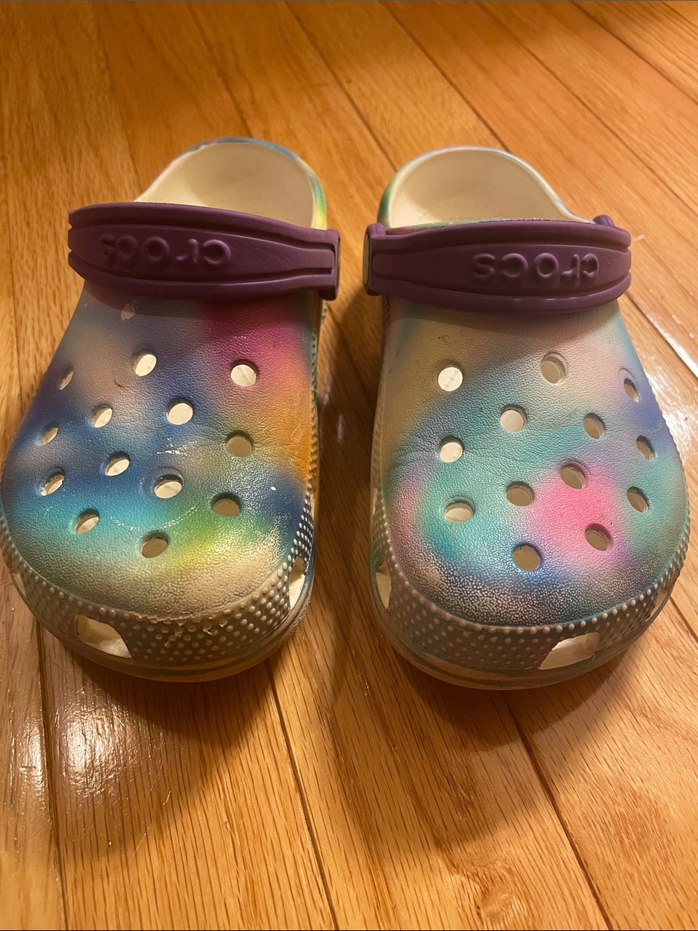 CROCS Kids' Rainbow Tie-Dye Clogs with Purple Heel Strap